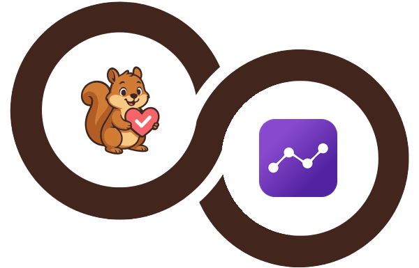 Interlocking brown rings logo with a cartoon squirrel holding a pink heart in the left circle and the purple Independent Analytics chart icon in the right circle.