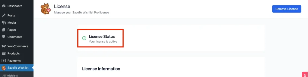 Saveto Wishlist Pro License Status: Active