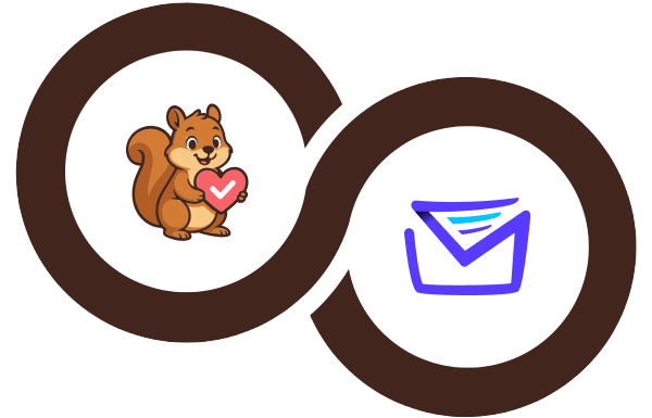 Verschlungener brauner Ringe-Logo mit einem Cartoon-Eichhörnchen, das ein rosa Herz im linken Kreis hält, und dem Wort 'woo' in Lila im rechten Kreis.
