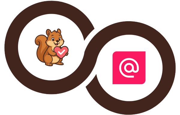 In elkaar grijpend bruin ringlogo met een cartoon-eekhoorn die een roze hart vasthoudt in de linker cirkel en het woord 'woo' in paars in de rechter cirkel.