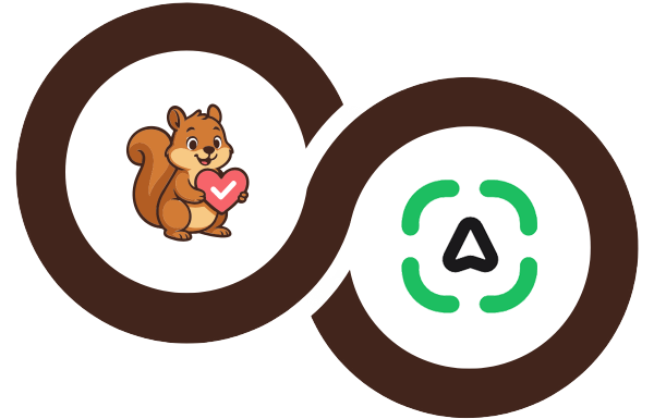 Logo entrelacé d'anneaux marron avec un écureuil de dessin animé tenant un cœur rose dans le cercle gauche et le mot 'woo' en violet dans le cercle droit.