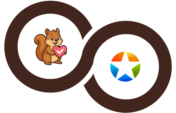 Interlocking brown rings logo with a cartoon squirrel holding a pink heart in the left circle and the Premium Addons for Elementor star icon in the right circle.