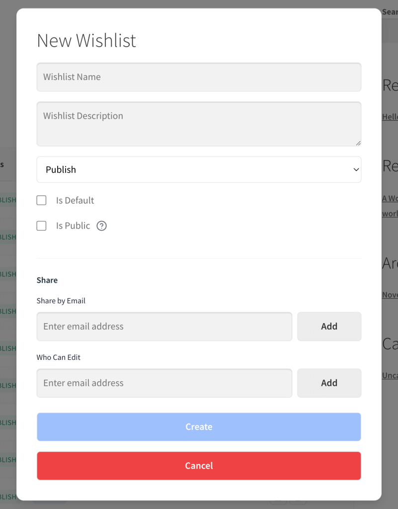 Modal form titled 'New Wishlist' with fields for name, description, and visibility, as well as Wishlist Sharing and Permissions entry fields, checkboxes, and prominent Create (blue) and Cancel (red) buttons.