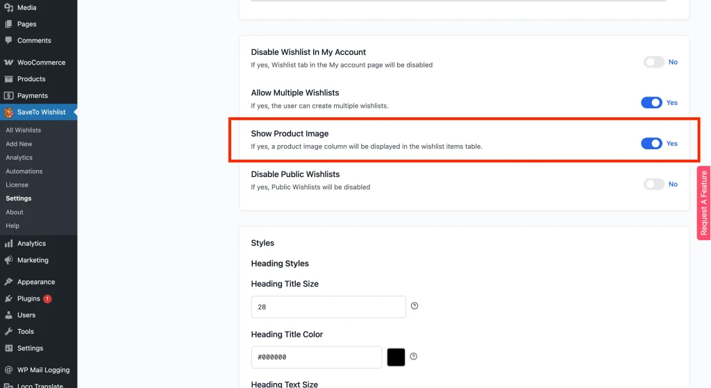 SaveTo Wishlist Settings → Wishlist Page tab with the Show Product Image toggle highlighted, set to Yes