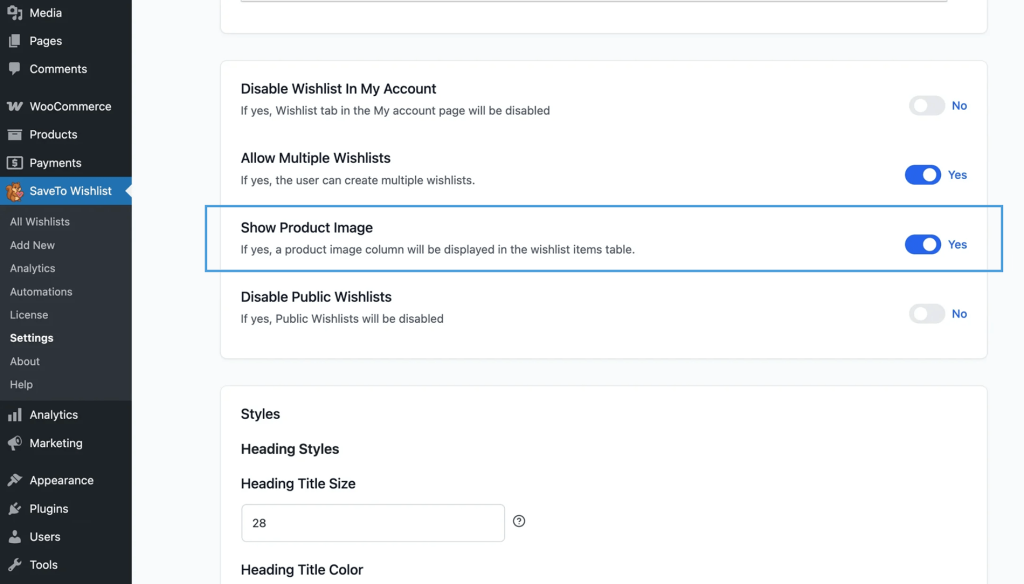 Settings panel: Show Product Image toggle set to Yes for wishlist items