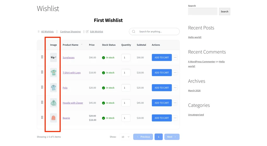 The wishlist page on the frontend showing the wishlist items table with a product image column on the left of each row
