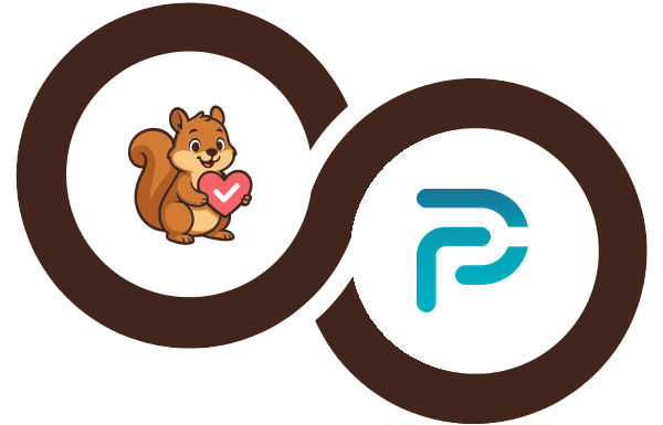 Interlocking brown rings logo with a cartoon squirrel holding a pink heart in the left circle and the teal ShapedPlugin P icon in the right circle.