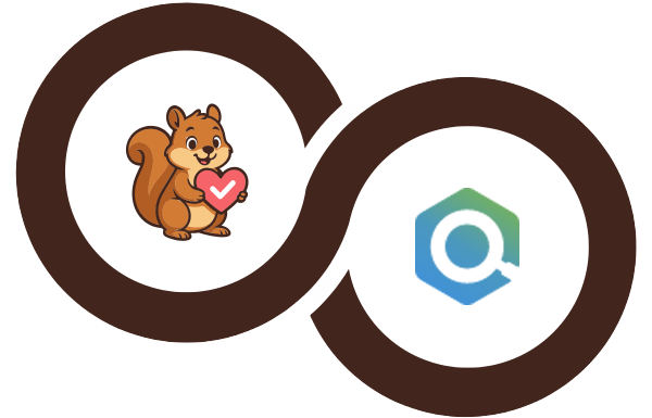 Verschlungener brauner Ringe-Logo mit einem Cartoon-Eichhörnchen, das ein rosa Herz im linken Kreis hält, und dem Wort 'woo' in Lila im rechten Kreis.