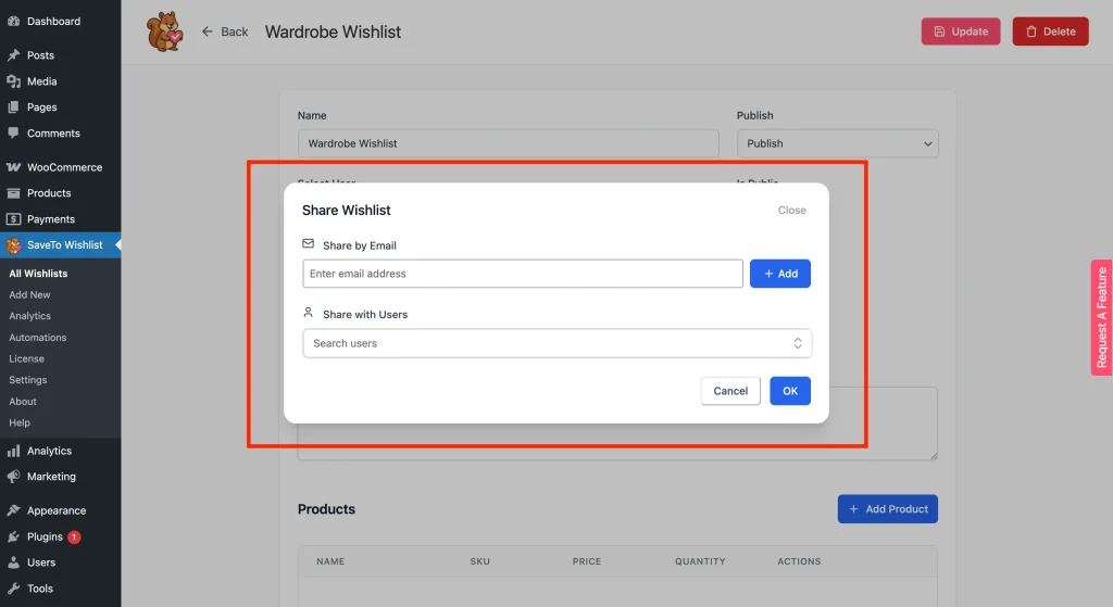 Share Wishlist By Email and with Users for Admins