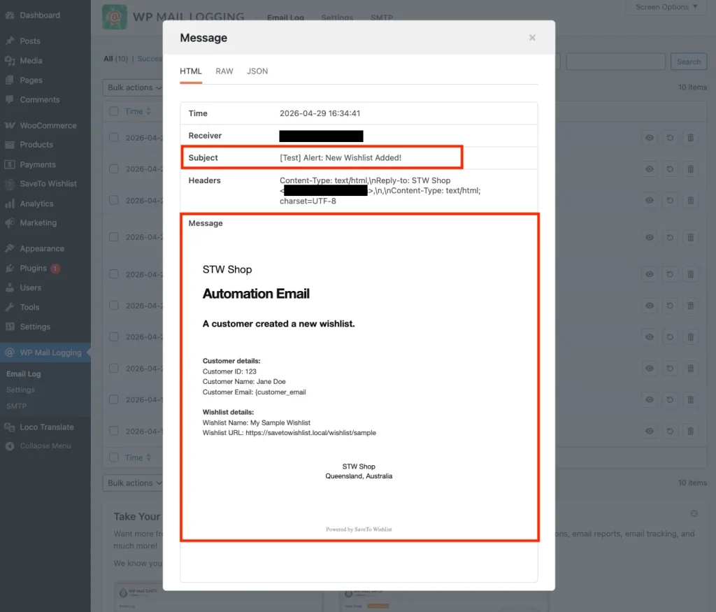 Test email in an inbox showing the [Test] prefix in the subject line and sample data values (e.g. Jane Doe, My Sample Wishlist) in the body.
