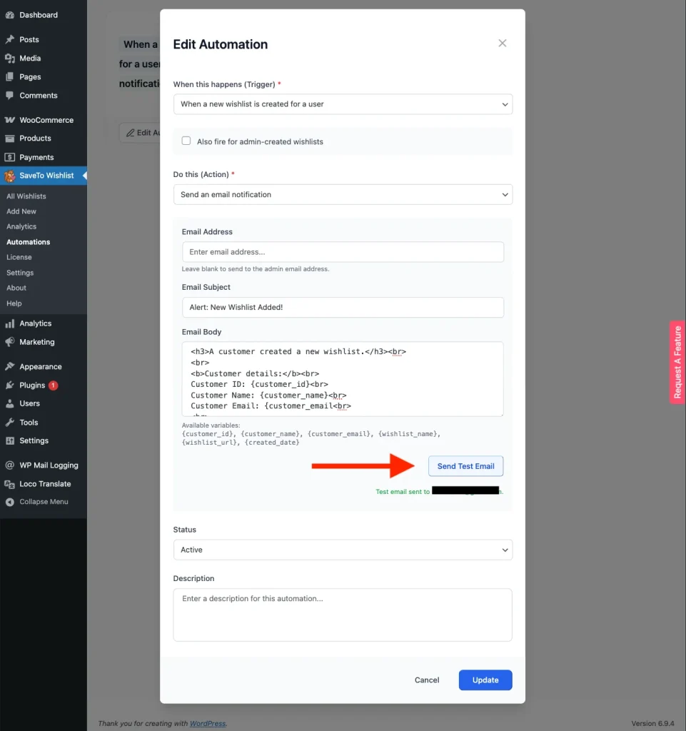 stw - test email - settings - SaveTo Wishlist Wishlist Automation Email Configuration
