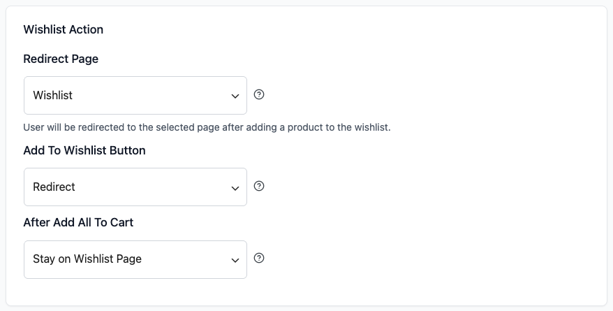 stw-wishlist-action-after-add-all - SaveTo Wishlist Sekcja Akcja listy życzeń na zakładce Ogólne, pokazująca stronę Przekierowanie, przycisk Dodaj do listy życzeń i menu rozwijane Po dodaniu wszystkiego do koszyka ustawione na Pozostań na stronie listy życzeń