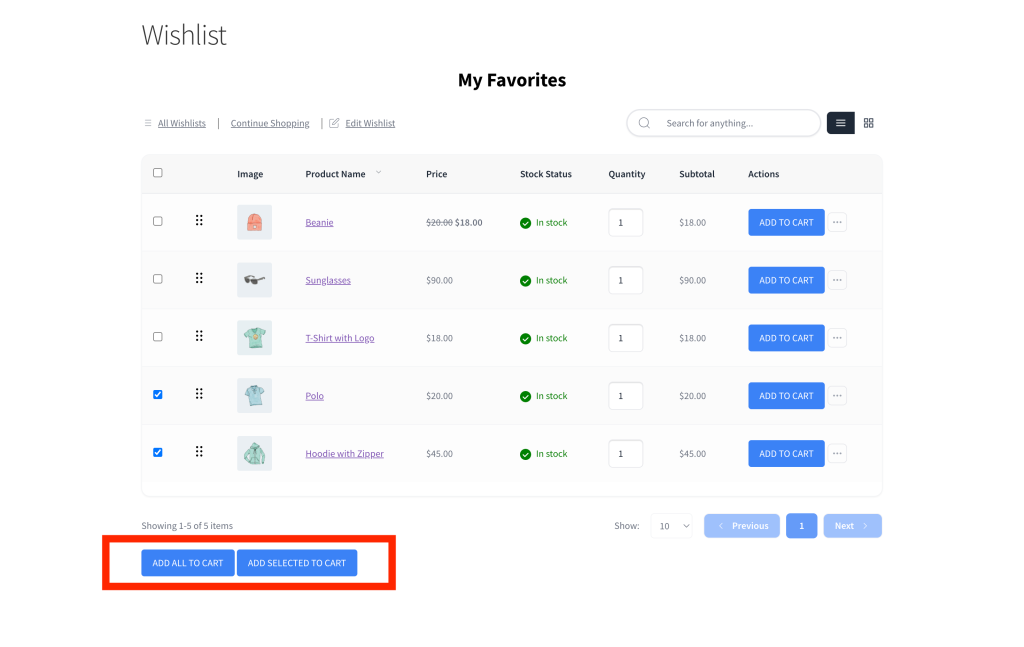 Wishlist items page showing the Add All to Cart and Add Selected to Cart buttons in the table footer, with one or more item checkboxes ticked