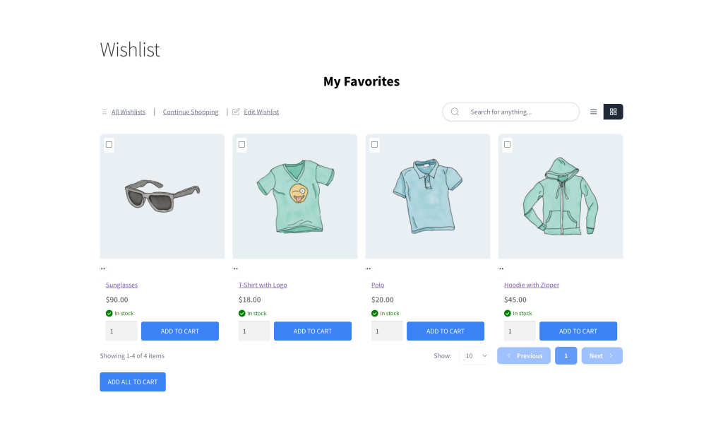 Wishlist items page in grid layout showing the list and grid view toggle icons next to the search bar