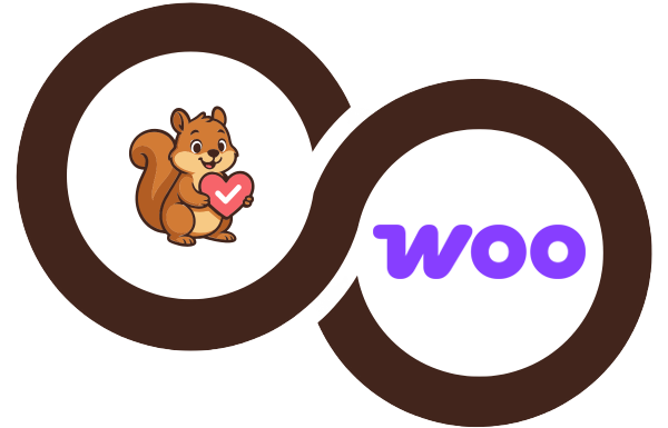 Interlocking brown rings logo with a cartoon squirrel holding a pink heart in the left circle and the word 'woo' in purple in the right circle.