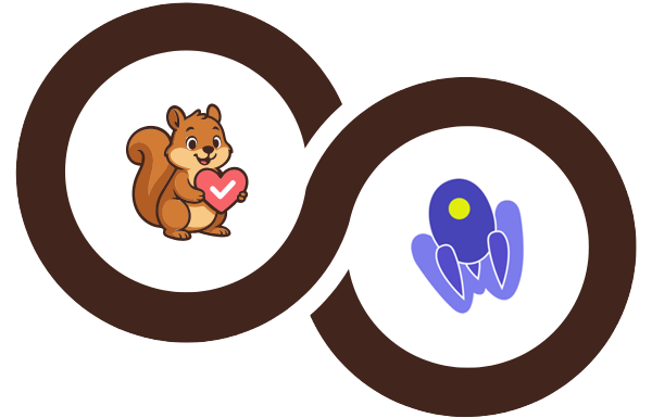 Interlocking brown rings logo with a cartoon squirrel holding a pink heart in the left circle and the word 'woo' in purple in the right circle.