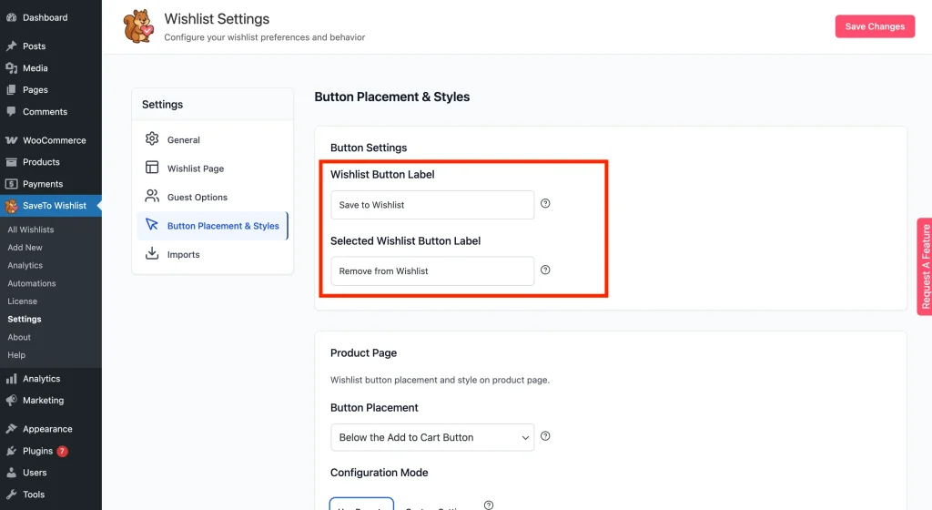 Default Wishlist Button Labels