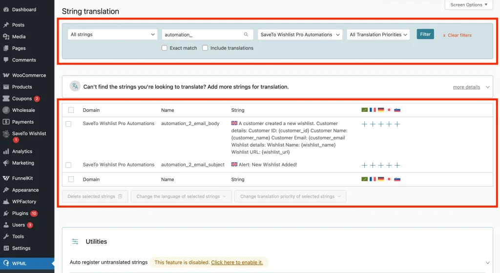 WPML String Translation screen with "SaveTo Wishlist Pro Automations" selected in the domain dropdown, showing automation subject and body strings.