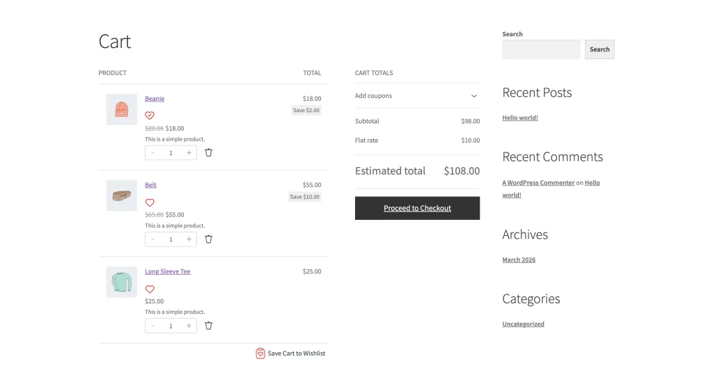 Cart block page with wishlist buttons next to each item, one item shown in the'saved' active state.
