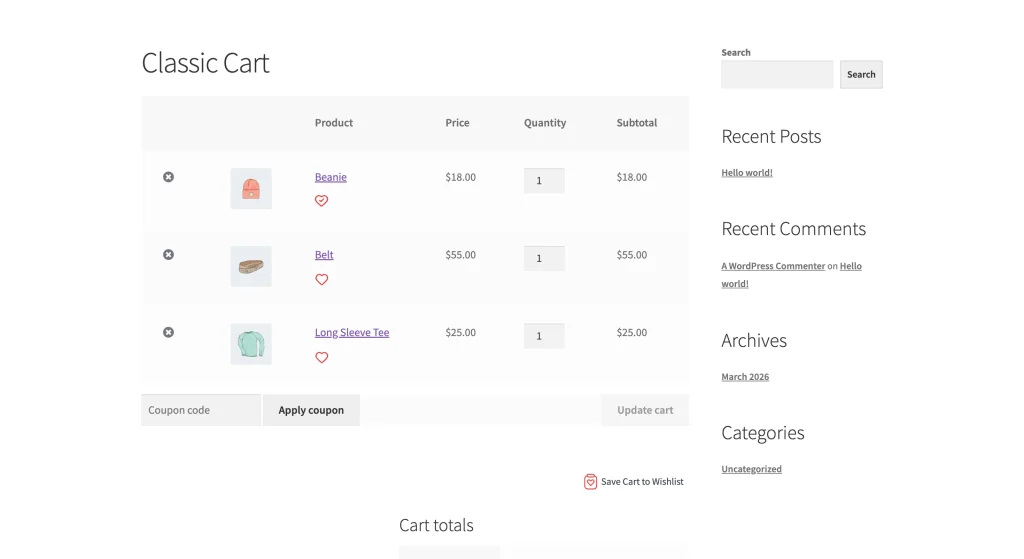 Classic cart page with wishlist buttons next to each item, one item shown in the'saved' active state.