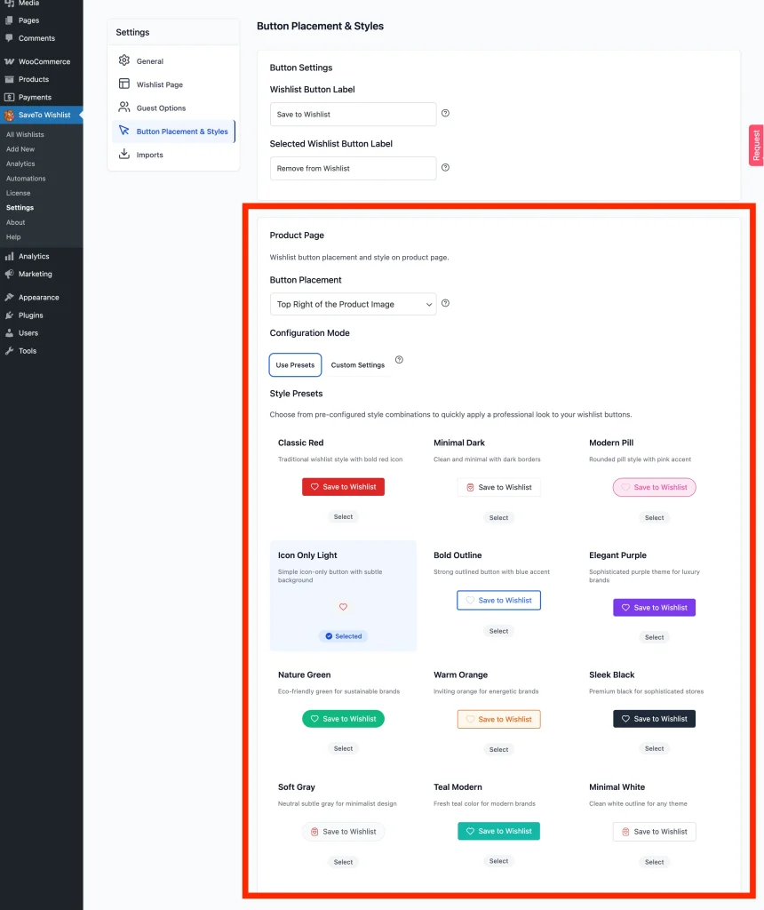 Buttons & Styles tab with the Product Page section visible, showing style and colour options