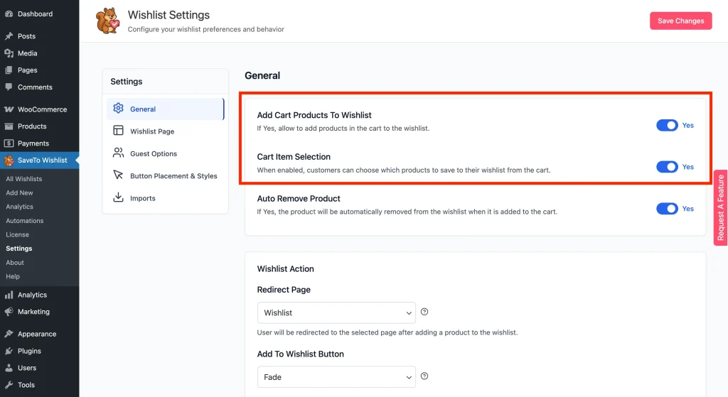 SaveTo Wishlist Settings → General showing the Add cart products to wishlist toggle set to Yes