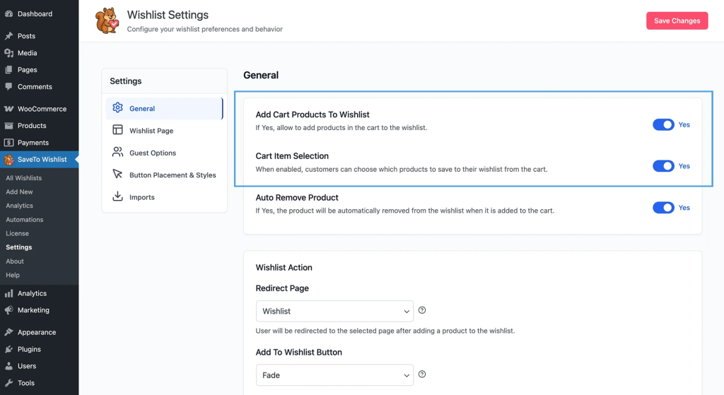 Wishlist Settings: General section showing two toggles—Add Cart Products To Wishlist and Cart Item Selection, with a Save Changes button nearby (UI of plugin settings).