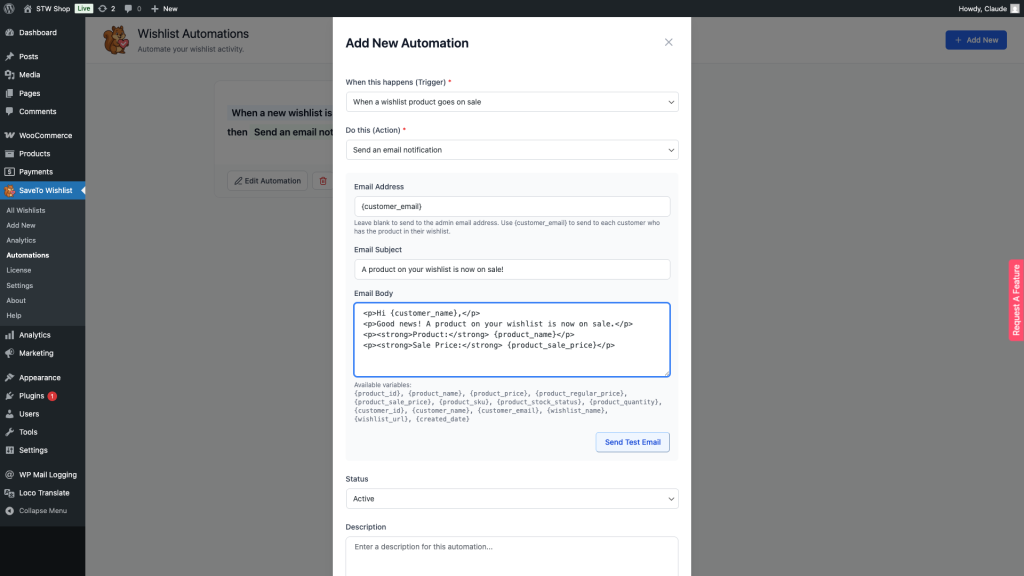 Modal titled'Add New Automation' over a WordPress admin dashboard, showing trigger and action fields plus email details (address, subject, body).