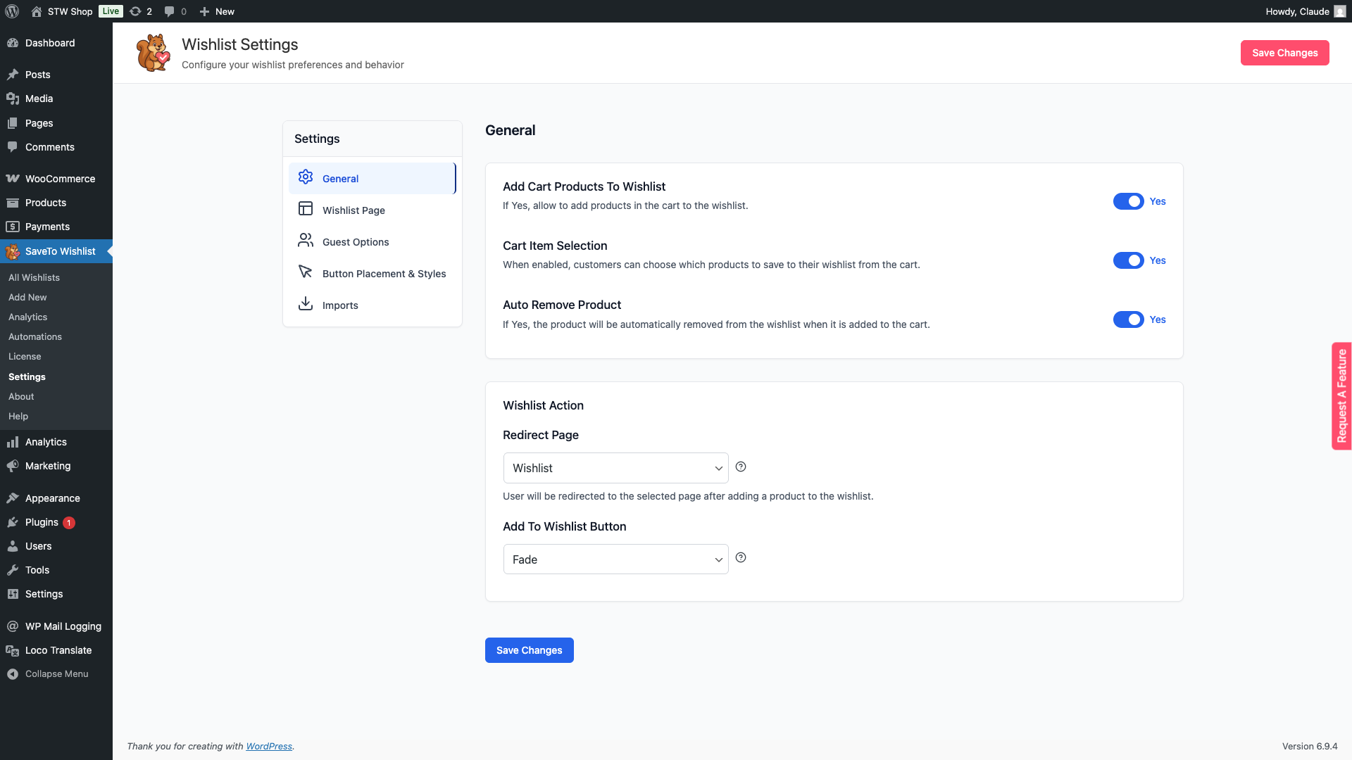 stwl-general-wishlist-action-dropdown - SaveTo Wishlist General → Wishlist Action dropdown showing Redirect, Popup, and Fade options selected