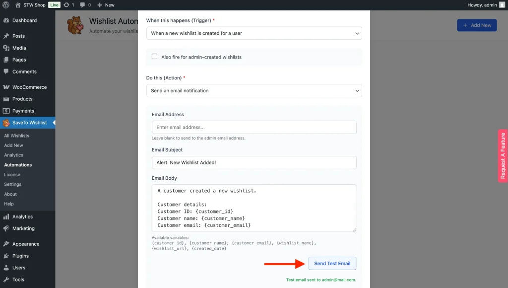 Modal in WordPress admin for Wishlist Automations: configure trigger, action, and test email button labeled 'Send Test Email'