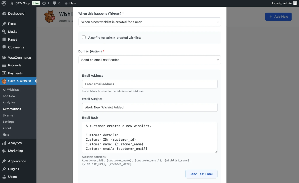 Modal form in the admin panel to send an email when a new wishlist is created, with fields for recipient, subject, and body, and a Send Test Email button.