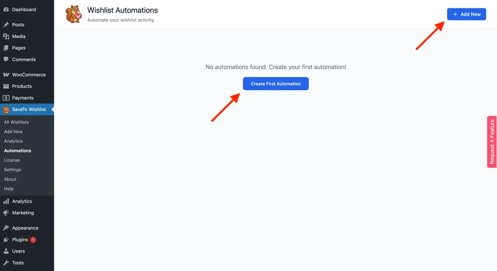 Wishlist Automations page with the Add New Automation button visible.