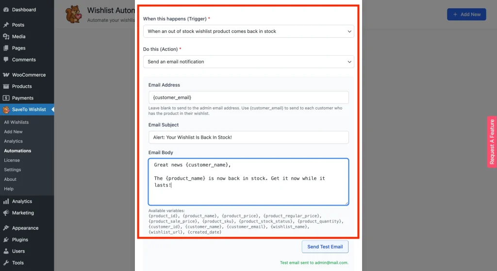 Email fields filled in with {customer_email} in the To field, a sample subject, and a personalized body.