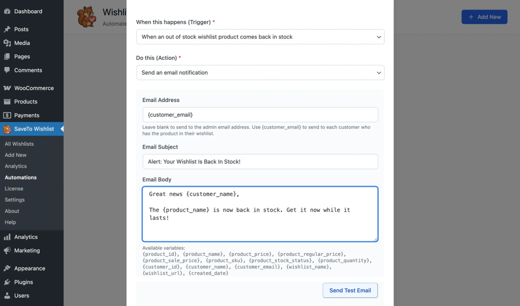 Automation email setup dialog in WordPress admin for wishlist back-in-stock notification (SaveTo Wishlist). In the modal, trigger is when stock is back, action is Send an email notification.