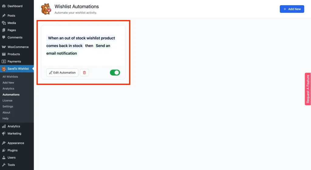 Automations list showing the new back-in-stock automation with Active status.