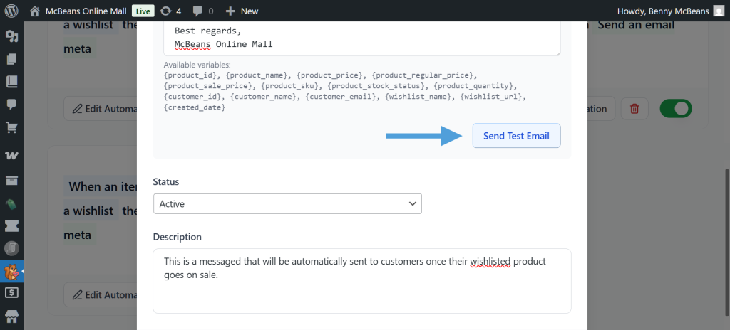 Modal for sending a test email: Send Test Email button highlighted, with Status and Description fields visible in the dialog.