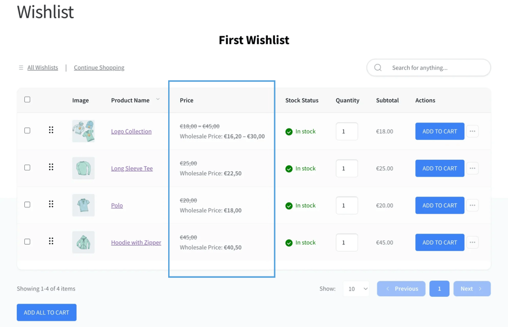 Wishlist page with a product table: image, product name, price (including wholesale range), stock status, quantity, subtotal, and Add to Cart actions; header 'First Wishlist' visible.