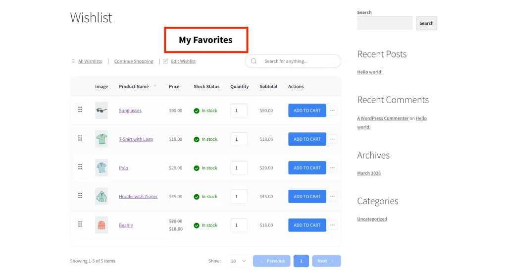 Customer’s My Account page showing the Wishlist tab with the auto-created wishlist using a custom label