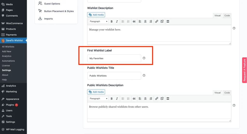 Wishlist Page tab in SaveTo Wishlist Settings, showing the First Wishlist Label field with the default value “First Wishlist”