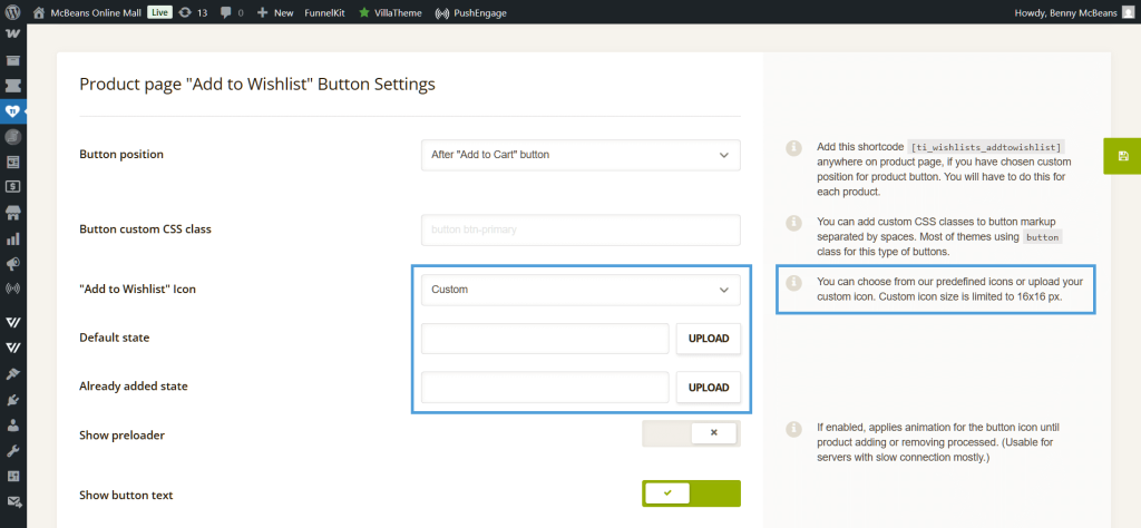 WordPress plugin settings screen for 'Add to Wishlist' button, showing icon upload fields, button position option, and save button.