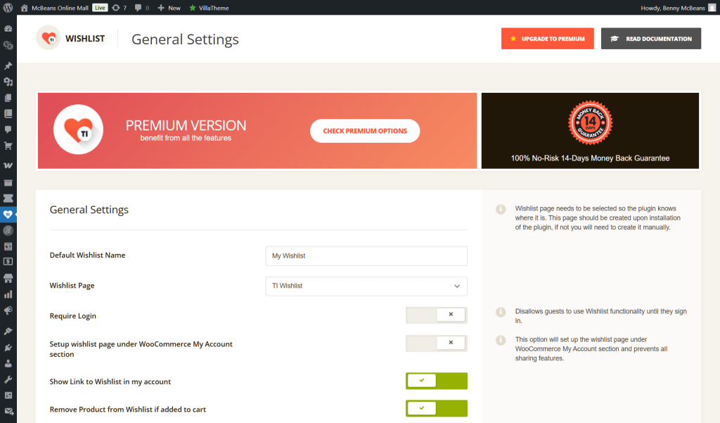 ti-woocommerce-wishlist-general-settings - SaveTo Wishlist WordPress Wishlist plugin general settings page, with a premium banner and controls for default wishlist name, login requirement, and account links.