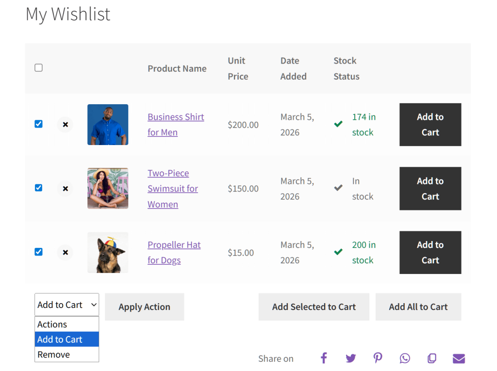 E-commerce wishlist page listing three items—men's business shirt, women's two-piece swimsuit, dog propeller hat—with prices, stock status, and Add to Cart buttons.