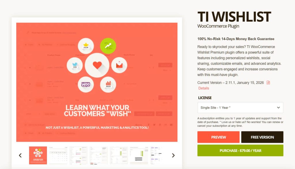Bright coral product page promoting TI Wishlist WooCommerce plugin, showing a central heart icon and marketing text about customer wishlists.