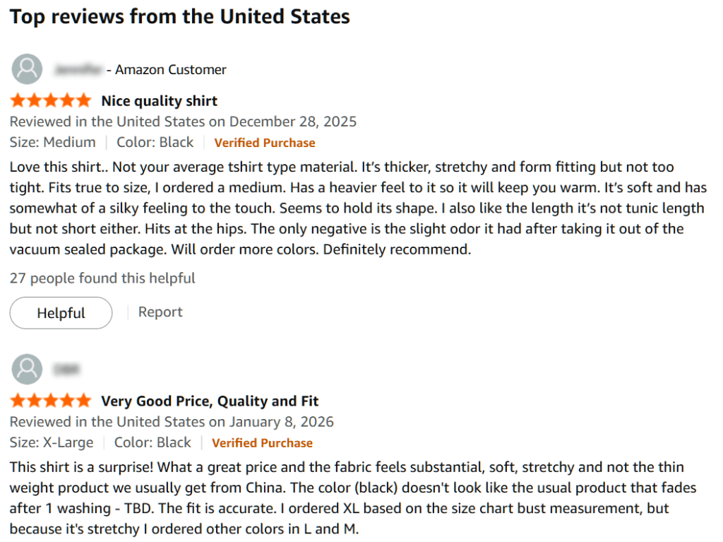 Amazon review praising a medium black shirt's thick, stretchy, form-fitting comfort and warmth, noting slight odor from vacuum-sealed packaging.