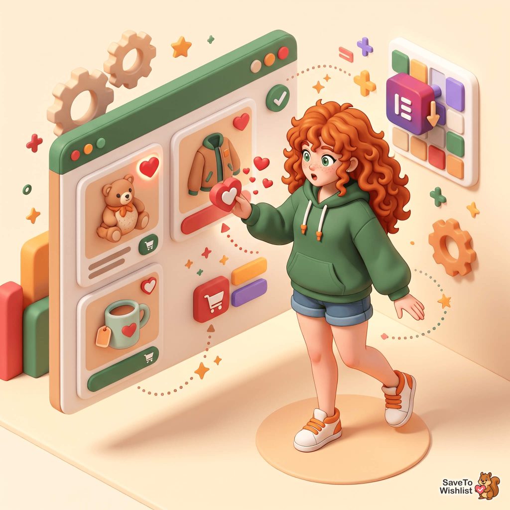 ultimate-store-kit-elementor-wishlist-filler-1 - SaveTo Wishlist Girl interacts with a large, colorful digital shopping interface filled with hearts, wishlist and product icons.