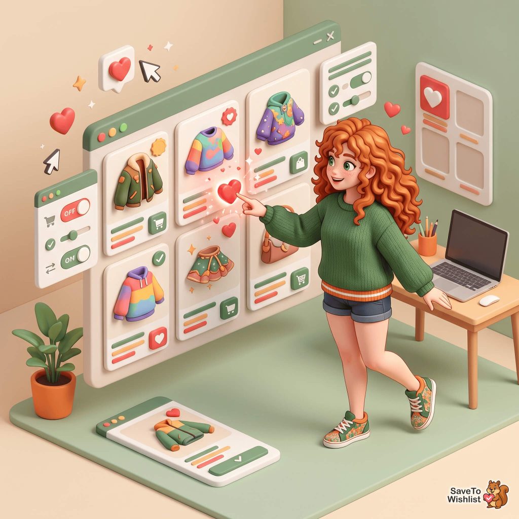 ultimate-store-kit-elementor-wishlist-filler-2 - SaveTo Wishlist Woman with red curly hair pointing at a large online shopping interface showing clothing items and wishlist icons.