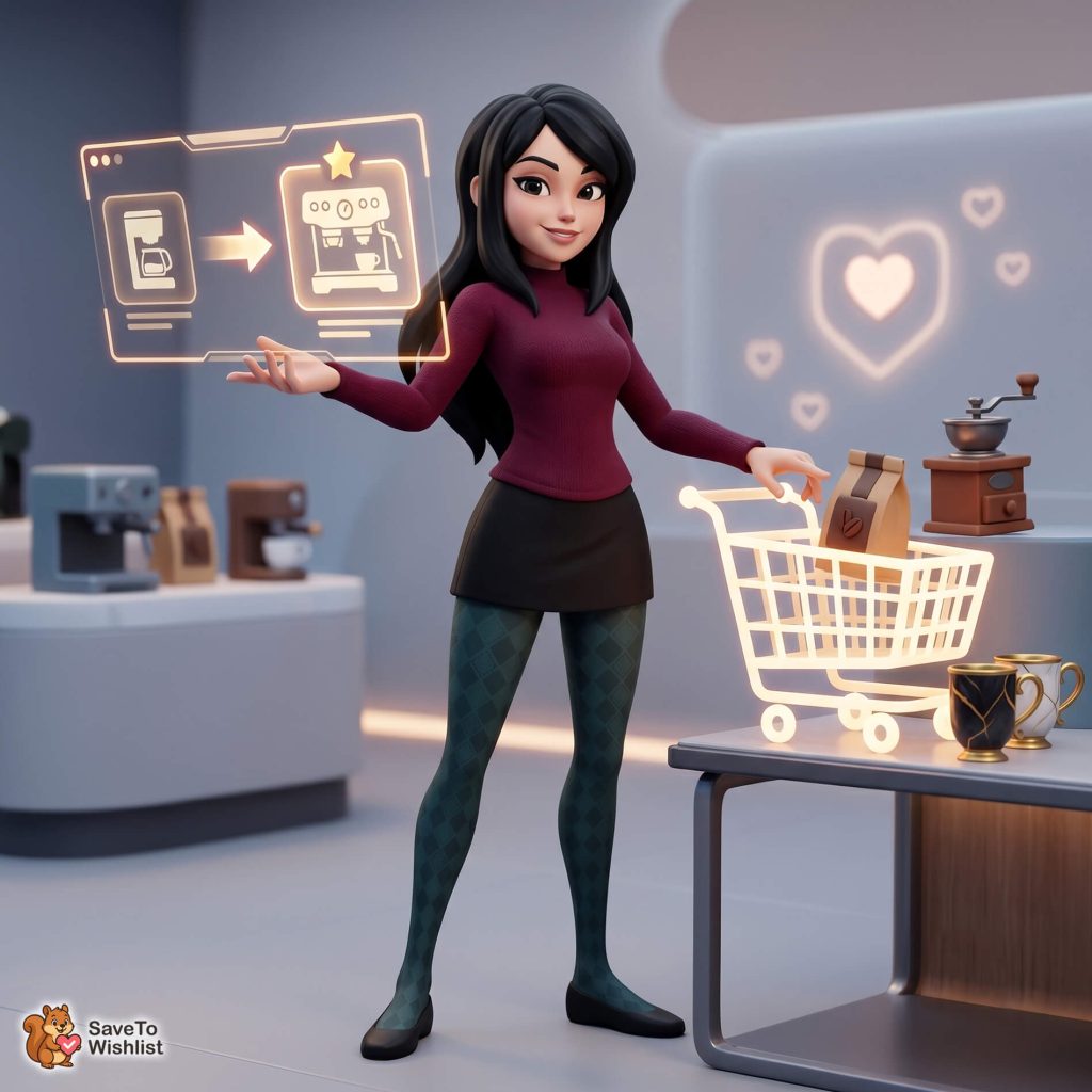 A woman in a maroon top stands by a shopping cart, with a glowing holographic interface showing a coffee machine flow in front of her.