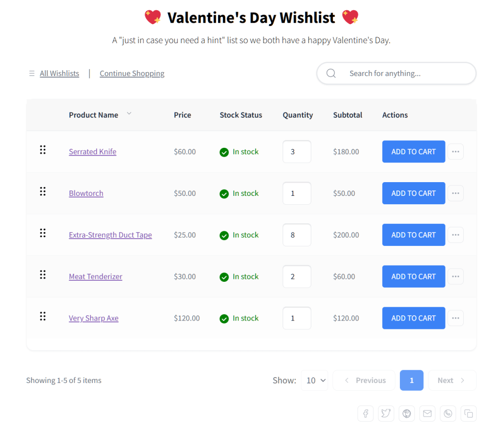 Valentine's Day wishlist webpage listing six in-stock items: serrated knife, blowtorch, extra-strength duct tape, meat tenderizer, very sharp axe, and spiked whip.
