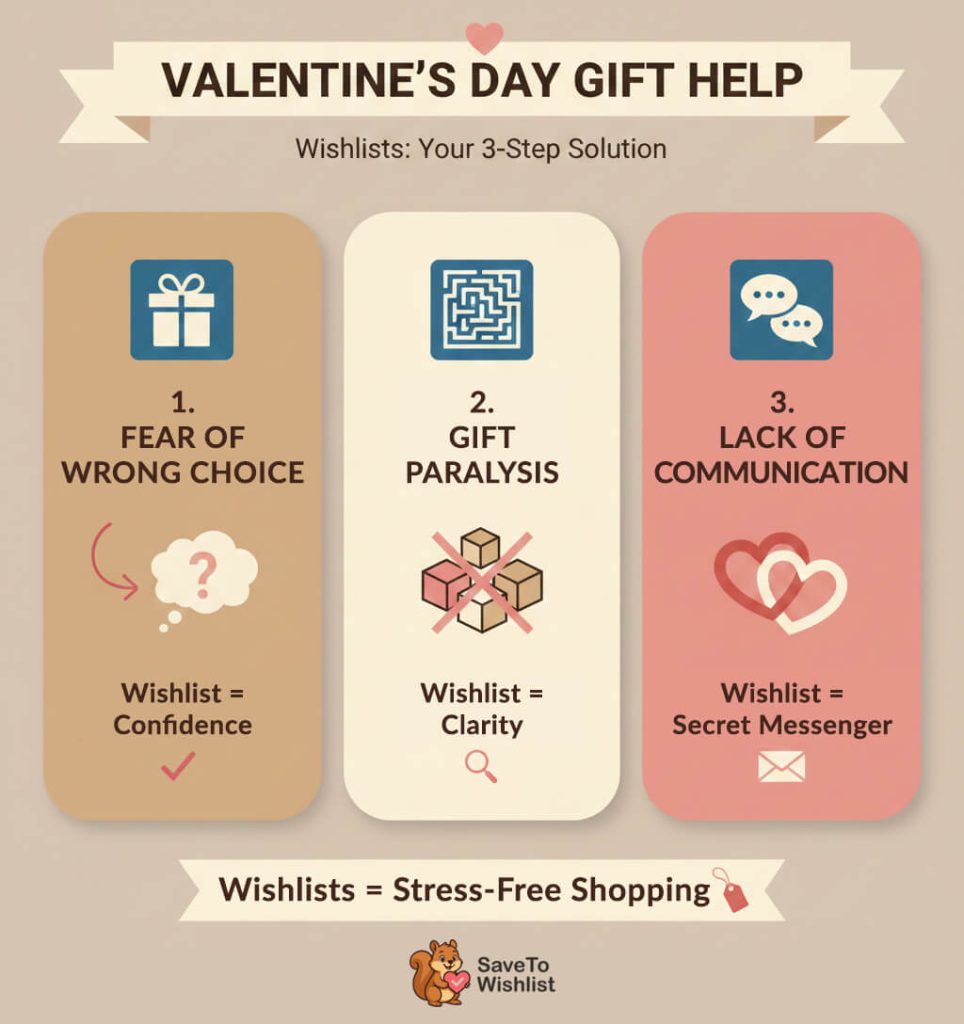 Infographic explaining how wishlists and Valentine's sale ideas solve Valentine's Day gift problems—fear of wrong choice, gift paralysis, and lack of communication—for stress-free shopping.