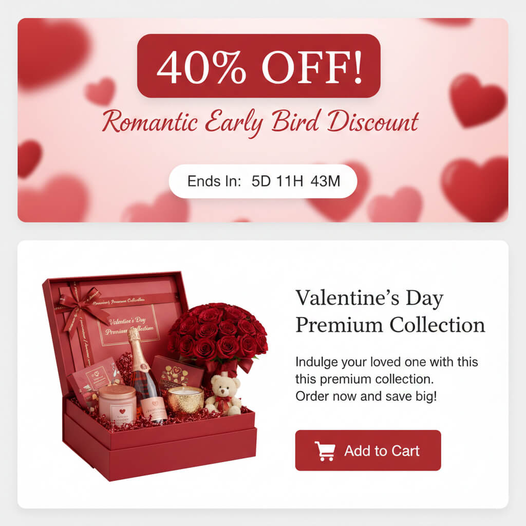 Pink banner advertising 40% off Romantic Early Bird Discount, heart background and countdown timer indicating limited-time Valentine’s promotion.